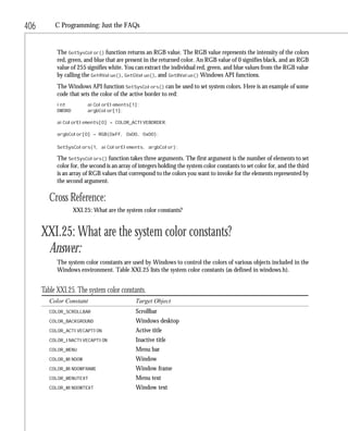 406        C Programming: Just the FAQs


            The GetSysColor() function returns an RGB value. The RGB value represents the intensity of the colors
            red, green, and blue that are present in the returned color. An RGB value of 0 signifies black, and an RGB
            value of 255 signifies white. You can extract the individual red, green, and blue values from the RGB value
            by calling the GetRValue(), GetGValue(), and GetBValue() Windows API functions.
            The Windows API function SetSysColors() can be used to set system colors. Here is an example of some
            code that sets the color of the active border to red:
            int          aiColorElements[1];
            DWORD        argbColor[1];

            aiColorElements[0] = COLOR_ACTIVEBORDER;

            argbColor[0] = RGB(0xFF, 0x00, 0x00);

            SetSysColors(1, aiColorElements, argbColor);

            The SetSysColors() function takes three arguments. The first argument is the number of elements to set
            color for, the second is an array of integers holding the system color constants to set color for, and the third
            is an array of RGB values that correspond to the colors you want to invoke for the elements represented by
            the second argument.

         Cross Reference:
                    XXI.25: What are the system color constants?


      XXI.25: What are the system color constants?
       Answer:
            The system color constants are used by Windows to control the colors of various objects included in the
            Windows environment. Table XXI.25 lists the system color constants (as defined in windows.h).


      Table XXI.25. The system color constants.
         Color Constant                       Target Object
         COLOR_SCROLLBAR                      Scrollbar
         COLOR_BACKGROUND                     Windows desktop
         COLOR_ACTIVECAPTION                  Active title
         COLOR_INACTIVECAPTION                Inactive title
         COLOR_MENU                           Menu bar
         COLOR_WINDOW                         Window
         COLOR_WINDOWFRAME                    Window frame
         COLOR_MENUTEXT                       Menu text
         COLOR_WINDOWTEXT                     Window text
 