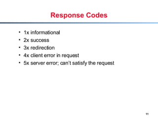 Response Codes 1x informational 2x success 3x redirection 4x client error in request 5x server error; can’t satisfy the request 