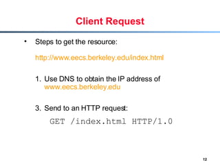 Client Request Steps to get the resource:  http://www.eecs.berkeley.edu/index.html   Use DNS to obtain the IP address of  www.eecs.berkeley.edu Send to an HTTP request: GET /index.html HTTP/1.0 