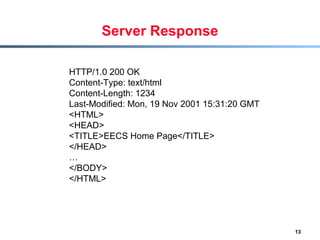 Server Response HTTP/1.0 200 OK Content-Type: text/html Content-Length: 1234 Last-Modified: Mon, 19 Nov 2001 15:31:20 GMT <HTML> <HEAD> <TITLE>EECS Home Page</TITLE> </HEAD> … </BODY> </HTML> 