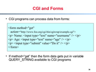 CGI and Forms CGI programs can process data from forms: If method=“get” then the form data gets put in variable QUERY_STRING available to CGI programs <form method=&quot;get&quot;  action= &quot;http://www.foo.org/cgi-bin/cgiwrap/example.cgi&quot;> <p> Name: <input type=&quot;text&quot; name=&quot;username&quot; /> </p> <p> Age: <input type=&quot;text&quot; name=&quot;age&quot; /> </p> <p> <input type=&quot;submit&quot; value=&quot;Do it&quot; /> </p> </form> 