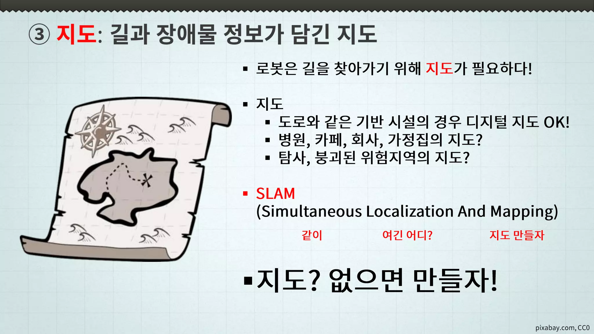 pixabay.com, CC0
 로봇은 길을 찾아가기 위해 지도가 필요하다!
 지도
 도로와 같은 기반 시설의 경우 디지털 지도 OK!
 병원, 카페, 회사, 가정집의 지도?
 탐사, 붕괴된 위험지역의 지도?
 SLAM
(Simultaneous Localization And Mapping)
지도? 없으면 만들자!
여긴 어디? 지도 만들자같이
 