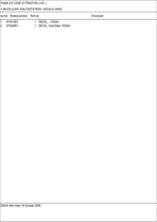 Ссылка Номер детали Кол-во Описание
D5544 After Date 18 October 2006
PUMA 210 CASE IH TRACTOR (1/07- )
1.98.0/03 (VAR. 636) FASTSTEER - DECALS (4WD)
1 87331567 1 DECAL, , -C5544
2 87594861 1 DECAL, Fast Steer, D5544-
 