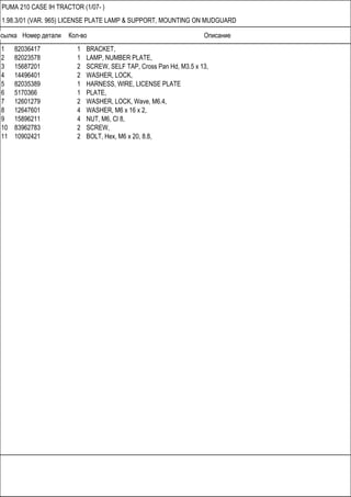 Ссылка Номер детали Кол-во Описание
PUMA 210 CASE IH TRACTOR (1/07- )
1.98.3/01 (VAR. 965) LICENSE PLATE LAMP & SUPPORT, MOUNTING ON MUDGUARD
1 82036417 1 BRACKET,
2 82023578 1 LAMP, NUMBER PLATE,
3 15687201 2 SCREW, SELF TAP, Cross Pan Hd, M3.5 x 13,
4 14496401 2 WASHER, LOCK,
5 82035389 1 HARNESS, WIRE, LICENSE PLATE
6 5170366 1 PLATE,
7 12601279 2 WASHER, LOCK, Wave, M6.4,
8 12647601 4 WASHER, M6 x 16 x 2,
9 15896211 4 NUT, M6, Cl 8,
10 83962783 2 SCREW,
11 10902421 2 BOLT, Hex, M6 x 20, 8.8,
 