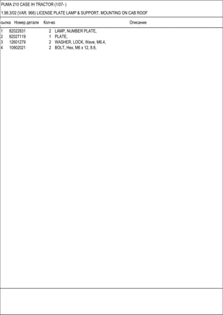 Ссылка Номер детали Кол-во Описание
PUMA 210 CASE IH TRACTOR (1/07- )
1.98.3/02 (VAR. 966) LICENSE PLATE LAMP & SUPPORT, MOUNTING ON CAB ROOF
1 82022831 2 LAMP, NUMBER PLATE,
2 82027119 1 PLATE,
3 12601279 2 WASHER, LOCK, Wave, M6.4,
4 10902021 2 BOLT, Hex, M6 x 12, 8.8,
 