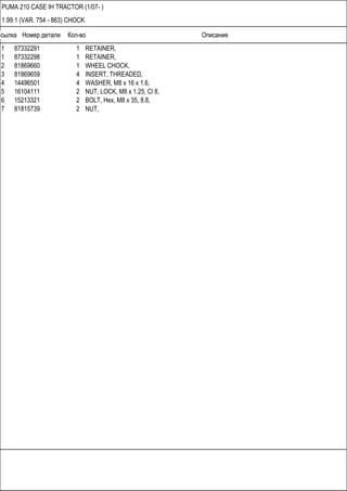 Ссылка Номер детали Кол-во Описание
PUMA 210 CASE IH TRACTOR (1/07- )
1.99.1 (VAR. 754 - 863) CHOCK
1 87332291 1 RETAINER,
1 87332298 1 RETAINER,
2 81869660 1 WHEEL CHOCK,
3 81869659 4 INSERT, THREADED,
4 14496501 4 WASHER, M8 x 16 x 1.6,
5 16104111 2 NUT, LOCK, M8 x 1.25, Cl 8,
6 15213321 2 BOLT, Hex, M8 x 35, 8.8,
7 81815739 2 NUT,
 