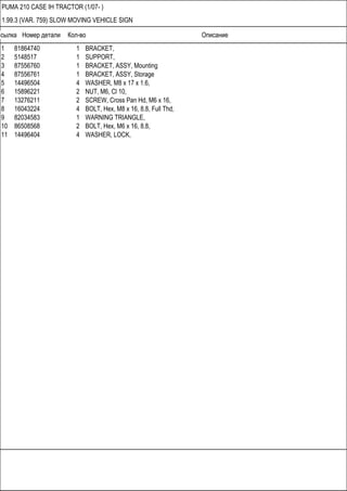 Ссылка Номер детали Кол-во Описание
PUMA 210 CASE IH TRACTOR (1/07- )
1.99.3 (VAR. 759) SLOW MOVING VEHICLE SIGN
1 81864740 1 BRACKET,
2 5148517 1 SUPPORT,
3 87556760 1 BRACKET, ASSY, Mounting
4 87556761 1 BRACKET, ASSY, Storage
5 14496504 4 WASHER, M8 x 17 x 1.6,
6 15896221 2 NUT, M6, Cl 10,
7 13276211 2 SCREW, Cross Pan Hd, M6 x 16,
8 16043224 4 BOLT, Hex, M8 x 16, 8.8, Full Thd,
9 82034583 1 WARNING TRIANGLE,
10 86508568 2 BOLT, Hex, M6 x 16, 8.8,
11 14496404 4 WASHER, LOCK,
 