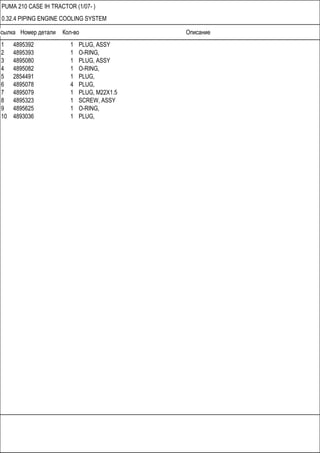 Ссылка Номер детали Кол-во Описание
PUMA 210 CASE IH TRACTOR (1/07- )
0.32.4 PIPING ENGINE COOLING SYSTEM
1 4895392 1 PLUG, ASSY
2 4895393 1 O-RING,
3 4895080 1 PLUG, ASSY
4 4895082 1 O-RING,
5 2854491 1 PLUG,
6 4895078 4 PLUG,
7 4895079 1 PLUG, M22X1.5
8 4895323 1 SCREW, ASSY
9 4895625 1 O-RING,
10 4893036 1 PLUG,
 