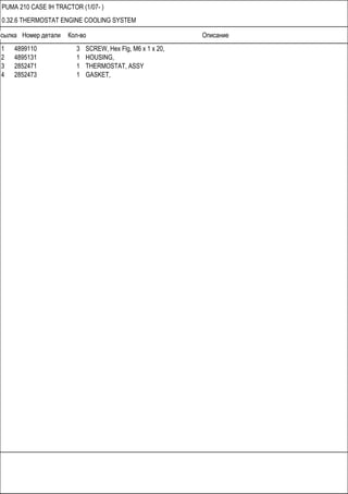 Ссылка Номер детали Кол-во Описание
PUMA 210 CASE IH TRACTOR (1/07- )
0.32.6 THERMOSTAT ENGINE COOLING SYSTEM
1 4899110 3 SCREW, Hex Flg, M6 x 1 x 20,
2 4895131 1 HOUSING,
3 2852471 1 THERMOSTAT, ASSY
4 2852473 1 GASKET,
 
