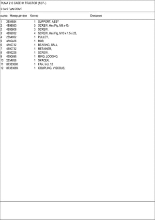 Ссылка Номер детали Кол-во Описание
PUMA 210 CASE IH TRACTOR (1/07- )
0.34.5 FAN DRIVE
1 2854854 1 SUPPORT, ASSY
2 4899053 5 SCREW, Hex Flg, M8 x 45,
2 4895608 3 SCREW,
3 4899032 4 SCREW, Hex Flg, M10 x 1.5 x 25,
4 2854852 1 PULLEY,
5 4892426 1 HUB,
6 4892732 1 BEARING, BALL,
7 4890732 1 RETAINER,
8 4893228 1 SCREW,
9 4890698 1 RING, LOCKING,
10 2854856 1 SPACER,
11 87383690 1 FAN, Incl. 12
12 87383689 1 COUPLING, VISCOUS,
 