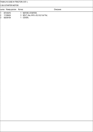 Ссылка Номер детали Кол-во Описание
PUMA 210 CASE IH TRACTOR (1/07- )
0.36.0 STARTER MOTOR
1 87318375 1 MOTOR, STARTER,
2 11106424 3 BOLT, Hex, M10 x 30, 8.8, Full Thd,
3 82039109 1 COVER,
 