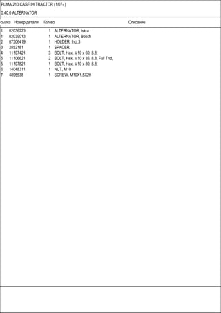 Ссылка Номер детали Кол-во Описание
PUMA 210 CASE IH TRACTOR (1/07- )
0.40.0 ALTERNATOR
1 82036223 1 ALTERNATOR, Iskra
1 82039013 1 ALTERNATOR, Bosch
2 87306419 1 HOLDER, Incl.3
3 2852181 1 SPACER,
4 11107421 3 BOLT, Hex, M10 x 60, 8.8,
5 11106621 2 BOLT, Hex, M10 x 35, 8.8, Full Thd,
5 11107821 1 BOLT, Hex, M10 x 80, 8.8,
6 14048311 1 NUT, M10
7 4895538 1 SCREW, M10X1,5X20
 