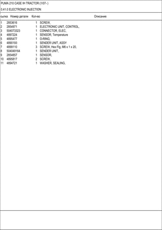 Ссылка Номер детали Кол-во Описание
PUMA 210 CASE IH TRACTOR (1/07- )
0.41.0 ELECTRONIC INJECTION
1 2853616 1 SCREW,
2 2854971 1 ELECTRONIC UNIT, CONTROL,
3 504073323 1 CONNECTOR, ELEC,
4 4897224 1 SENSOR, Temperature
5 4895477 1 O-RING,
6 4890193 1 SENDER UNIT, ASSY
7 4899110 3 SCREW, Hex Flg, M6 x 1 x 20,
8 504049164 1 SENDER UNIT,
9 2854857 1 SENSOR,
10 4895817 2 SCREW,
11 4894721 1 WASHER, SEALING,
 