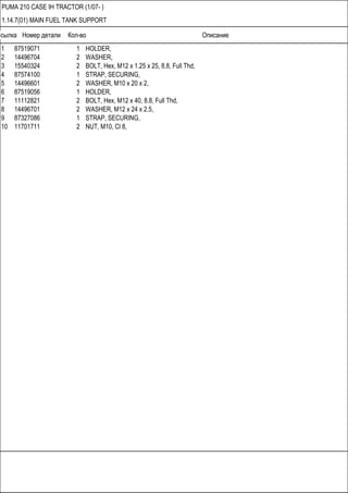 Ссылка Номер детали Кол-во Описание
PUMA 210 CASE IH TRACTOR (1/07- )
1.14.7(01) MAIN FUEL TANK SUPPORT
1 87519071 1 HOLDER,
2 14496704 2 WASHER,
3 15540324 2 BOLT, Hex, M12 x 1.25 x 25, 8.8, Full Thd,
4 87574100 1 STRAP, SECURING,
5 14496601 2 WASHER, M10 x 20 x 2,
6 87519056 1 HOLDER,
7 11112821 2 BOLT, Hex, M12 x 40, 8.8, Full Thd,
8 14496701 2 WASHER, M12 x 24 x 2.5,
9 87327086 1 STRAP, SECURING,
10 11701711 2 NUT, M10, Cl 8,
 