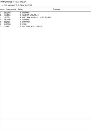 Ссылка Номер детали Кол-во Описание
PUMA 210 CASE IH TRACTOR (1/07- )
1.14.7(02) AUXILIARY FUEL TANK SUPPORT
1 82032193 1 SUPPORT,
2 12644304 6 WASHER, M10 x 35 x 3,
3 15970521 4 BOLT, Hex, M10 x 1.25 x 20, 8.8, Full Thd,
4 82032196 1 SUPPORT,
5 82027201 1 SUPPORT,
6 82008683 2 STUD,
7 12574511 6 NUT, LOCK, M10 x 1.25, Cl 8,
 