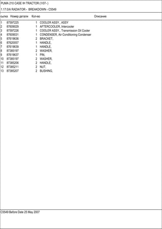 Ссылка Номер детали Кол-во Описание
C5549 Before Date 25 May 2007
PUMA 210 CASE IH TRACTOR (1/07- )
1.17.0/A RADIATOR - BREAKDOWN - C5549
1 87597225 1 COOLER ASSY., ASSY
2 87609029 1 AFTERCOOLER, Intercooler
3 87597226 1 COOLER ASSY., Transmission Oil Cooler
4 87609031 1 CONDENSER, Air Conditioning Condenser
5 87619636 2 BRACKET,
6 87620057 1 HANDLE,
7 87619639 1 HANDLE,
8 87385197 2 WASHER,
9 87619637 1 PIN,
10 87385197 2 WASHER,
11 87385206 2 HANDLE,
12 87385211 2 NUT,
13 87385207 2 BUSHING,
 