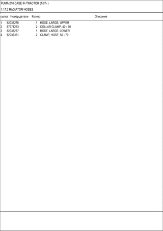 Ссылка Номер детали Кол-во Описание
PUMA 210 CASE IH TRACTOR (1/07- )
1.17.3 RADIATOR HOSES
1 82038276 1 HOSE, LARGE, UPPER
2 87374233 2 COLLAR CLAMP, 40 - 60
3 82038277 1 HOSE, LARGE, LOWER
4 82036351 2 CLAMP, HOSE, 50 - 70
 