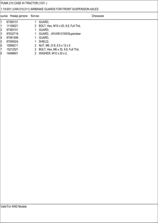 Ссылка Номер детали Кол-во Описание
Valid For 4WD Models
PUMA 210 CASE IH TRACTOR (1/07- )
1.19.9/01 (VAR.010,011) AIRBRAKE GUARDS FOR FRONT SUSPENSION AXLES
1 87365151 1 GUARD,
1 11106021 2 BOLT, Hex, M10 x 20, 8.8, Full Thd,
2 87365151 1 GUARD,
3 87632719 1 GUARD, , W/VAR.010W/Supersteer
4 87581499 1 GUARD,
5 87590024 1 SHIELD,
6 15896211 2 NUT, M6, Cl 8, 6.5 x 12 x 5
7 15212521 2 BOLT, Hex, M6 x 35, 8.8, Full Thd,
8 14496601 2 WASHER, M10 x 20 x 2,
 