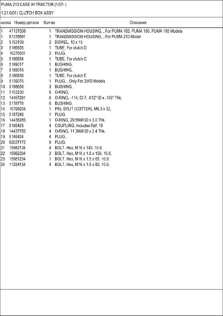 Ссылка Номер детали Кол-во Описание
PUMA 210 CASE IH TRACTOR (1/07- )
1.21.0(01) CLUTCH BOX ASSY
1 47137508 1 TRANSMISSION HOUSING, , For PUMA 165, PUMA 180, PUMA 195 Models
1 87378891 1 TRANSMISSION HOUSING, , For PUMA 210 Model
2 5153109 2 DOWEL, 10 x 15
3 5186835 1 TUBE, For clutch D
4 10275501 2 PLUG,
5 5186834 1 TUBE, For clutch C
6 5189017 1 BUSHING,
7 5189016 1 BUSHING,
8 5186836 1 TUBE, For clutch E
9 5139075 1 PLUG, , Only For 2WD Models
10 5198658 3 BUSHING,
11 5103230 6 O-RING,
12 14457281 6 O-RING, -114, Cl 7, .612" ID x .103" Thk,
13 5178778 6 BUSHING,
14 10798204 1 PIN, SPLIT (COTTER), M6.3 x 32,
15 5187246 1 PLUG,
16 14438285 1 O-RING, 29.5MM ID x 3.0 Thk,
17 5185423 4 COUPLING, Includes Ref. 18
18 14437785 4 O-RING, 11.3MM ID x 2.4 Thk,
19 5185424 4 PLUG,
20 82037172 8 PLUG,
21 15982134 4 BOLT, Hex, M16 x 140, 10.9,
22 15982334 2 BOLT, Hex, M16 x 1.5 x 150, 10.9,
23 15981234 1 BOLT, Hex, M16 x 1.5 x 65, 10.9,
24 11254134 4 BOLT, Hex, M16 x 1.5 x 80, 10.9,
 