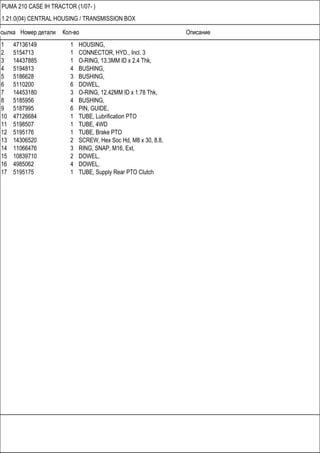 Ссылка Номер детали Кол-во Описание
PUMA 210 CASE IH TRACTOR (1/07- )
1.21.0(04) CENTRAL HOUSING / TRANSMISSION BOX
1 47136149 1 HOUSING,
2 5154713 1 CONNECTOR, HYD., Incl. 3
3 14437885 1 O-RING, 13.3MM ID x 2.4 Thk,
4 5194813 4 BUSHING,
5 5186628 3 BUSHING,
6 5110200 6 DOWEL,
7 14453180 3 O-RING, 12.42MM ID x 1.78 Thk,
8 5185956 4 BUSHING,
9 5187995 6 PIN, GUIDE,
10 47126684 1 TUBE, Lubrification PTO
11 5198507 1 TUBE, 4WD
12 5195176 1 TUBE, Brake PTO
13 14306520 2 SCREW, Hex Soc Hd, M8 x 30, 8.8,
14 11066476 3 RING, SNAP, M16, Ext,
15 10839710 2 DOWEL,
16 4985062 4 DOWEL,
17 5195175 1 TUBE, Supply Rear PTO Clutch
 