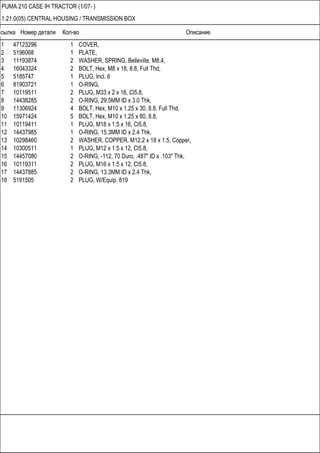 Ссылка Номер детали Кол-во Описание
PUMA 210 CASE IH TRACTOR (1/07- )
1.21.0(05) CENTRAL HOUSING / TRANSMISSION BOX
1 47123296 1 COVER,
2 5196068 1 PLATE,
3 11193874 2 WASHER, SPRING, Belleville, M8.4,
4 16043324 2 BOLT, Hex, M8 x 18, 8.8, Full Thd,
5 5185747 1 PLUG, Incl. 6
6 81903721 1 O-RING,
7 10119511 2 PLUG, M33 x 2 x 16, Cl5.8,
8 14438285 2 O-RING, 29.5MM ID x 3.0 Thk,
9 11306924 4 BOLT, Hex, M10 x 1.25 x 30, 8.8, Full Thd,
10 15971424 5 BOLT, Hex, M10 x 1.25 x 80, 8.8,
11 10119411 1 PLUG, M18 x 1.5 x 16, Cl5.8,
12 14437985 1 O-RING, 15.3MM ID x 2.4 Thk,
13 10298460 2 WASHER, COPPER, M12.2 x 18 x 1.5, Copper,
14 10300511 1 PLUG, M12 x 1.5 x 12, Cl5.8,
15 14457080 2 O-RING, -112, 70 Duro, .487" ID x .103" Thk,
16 10119311 2 PLUG, M16 x 1.5 x 12, Cl5.8,
17 14437885 2 O-RING, 13.3MM ID x 2.4 Thk,
18 5191505 2 PLUG, W/Equip. 819
 