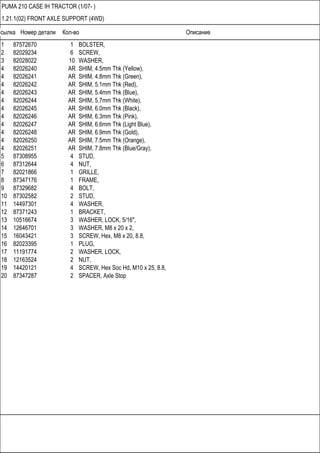 Ссылка Номер детали Кол-во Описание
PUMA 210 CASE IH TRACTOR (1/07- )
1.21.1(02) FRONT AXLE SUPPORT (4WD)
1 87572670 1 BOLSTER,
2 82029234 6 SCREW,
3 82028022 10 WASHER,
4 82026240 AR SHIM, 4.5mm Thk (Yellow),
4 82026241 AR SHIM, 4.8mm Thk (Green),
4 82026242 AR SHIM, 5.1mm Thk (Red),
4 82026243 AR SHIM, 5.4mm Thk (Blue),
4 82026244 AR SHIM, 5.7mm Thk (White),
4 82026245 AR SHIM, 6.0mm Thk (Black),
4 82026246 AR SHIM, 6.3mm Thk (Pink),
4 82026247 AR SHIM, 6.6mm Thk (Light Blue),
4 82026248 AR SHIM, 6.9mm Thk (Gold),
4 82026250 AR SHIM, 7.5mm Thk (Orange),
4 82026251 AR SHIM, 7.8mm Thk (Blue/Gray),
5 87308955 4 STUD,
6 87312644 4 NUT,
7 82021866 1 GRILLE,
8 87347176 1 FRAME,
9 87329682 4 BOLT,
10 87302582 2 STUD,
11 14497301 4 WASHER,
12 87371243 1 BRACKET,
13 10516674 3 WASHER, LOCK, 5/16",
14 12646701 3 WASHER, M8 x 20 x 2,
15 16043421 3 SCREW, Hex, M8 x 20, 8.8,
16 82023395 1 PLUG,
17 11191774 2 WASHER, LOCK,
18 12163524 2 NUT,
19 14420121 4 SCREW, Hex Soc Hd, M10 x 25, 8.8,
20 87347287 2 SPACER, Axle Stop
 