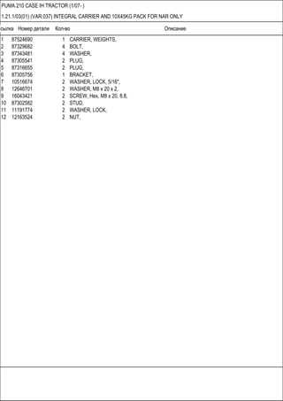 Ссылка Номер детали Кол-во Описание
PUMA 210 CASE IH TRACTOR (1/07- )
1.21.1/03(01) (VAR.037) INTEGRAL CARRIER AND 10X45KG PACK FOR NAR ONLY
1 87524690 1 CARRIER, WEIGHTS,
2 87329682 4 BOLT,
3 87343481 4 WASHER,
4 87305541 2 PLUG,
5 87316655 2 PLUG,
6 87305756 1 BRACKET,
7 10516674 2 WASHER, LOCK, 5/16",
8 12646701 2 WASHER, M8 x 20 x 2,
9 16043421 2 SCREW, Hex, M8 x 20, 8.8,
10 87302582 2 STUD,
11 11191774 2 WASHER, LOCK,
12 12163524 2 NUT,
 