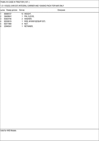 Ссылка Номер детали Кол-во Описание
Valid for 4WD Models
PUMA 210 CASE IH TRACTOR (1/07- )
1.21.1/03(02) (VAR.037) INTEGRAL CARRIER AND 10X45KG PACK FOR NAR ONLY
1 86988727 10 WEIGHT,
2 394086A1 1 PIN, CLEVIS,
3 83924746 2 WASHER,
4 82028019 1 ROD, M16X610(EQUIP.037)
5 82011968 4 NUT,
6 229483A1 1 RETAINER,
 
