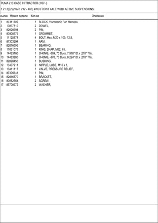 Ссылка Номер детали Кол-во Описание
PUMA 210 CASE IH TRACTOR (1/07- )
1.21.3(02) (VAR. 212 - 463) 4WD FRONT AXLE WITH ACTIVE SUSPENSIONS
1 87311709 1 BLOCK, Viscotronic Fan Harness
2 10837810 2 DOWEL,
3 82020394 2 PIN,
4 83908579 1 GROMMET,
5 11125874 4 BOLT, Hex, M20 x 105, 12.9,
6 87303294 1 ARM,
7 82016695 1 BEARING,
8 11061076 1 RING, SNAP, M62, Int,
9 14483180 1 O-RING, -369, 70 Duro, 7.976" ID x .210" Thk,
10 14483280 1 O-RING, -370, 70 Duro, 8.224" ID x .210" Thk,
11 82020450 1 BUSHING,
12 13407211 2 NIPPLE, LUBE, M10 x 1,
13 13411117 1 VALVE, PRESSURE RELIEF,
14 87305641 1 PIN,
15 82016870 1 BRACKET,
16 83962654 2 SCREW,
17 85700672 2 WASHER,
 