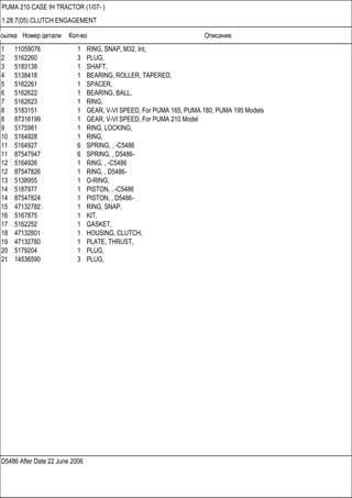 Ссылка Номер детали Кол-во Описание
D5486 After Date 22 June 2006
PUMA 210 CASE IH TRACTOR (1/07- )
1.28.7(05) CLUTCH ENGAGEMENT
1 11059076 1 RING, SNAP, M32, Int,
2 5162260 3 PLUG,
3 5183138 1 SHAFT,
4 5138418 1 BEARING, ROLLER, TAPERED,
5 5162261 1 SPACER,
6 5162622 1 BEARING, BALL,
7 5162623 1 RING,
8 5183151 1 GEAR, V-VI SPEED, For PUMA 165, PUMA 180, PUMA 195 Models
8 87316199 1 GEAR, V-VI SPEED, For PUMA 210 Model
9 5175981 1 RING, LOCKING,
10 5164928 1 RING,
11 5164927 6 SPRING, , -C5486
11 87547947 6 SPRING, , D5486-
12 5164926 1 RING, , -C5486
12 87547826 1 RING, , D5486-
13 5138955 1 O-RING,
14 5187977 1 PISTON, , -C5486
14 87547824 1 PISTON, , D5486-
15 47132782 1 RING, SNAP,
16 5167875 1 KIT,
17 5162252 1 GASKET,
18 47132801 1 HOUSING, CLUTCH,
19 47132780 1 PLATE, THRUST,
20 5179204 1 PLUG,
21 14536590 3 PLUG,
 