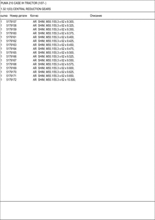Ссылка Номер детали Кол-во Описание
PUMA 210 CASE IH TRACTOR (1/07- )
1.32.1(03) CENTRAL REDUCTION GEARS
1 5179157 AR SHIM, M55.1/55.3 x 62 x 9.300,
1 5179158 AR SHIM, M55.1/55.3 x 62 x 9.325,
1 5179159 AR SHIM, M55.1/55.3 x 62 x 9.350,
1 5179160 AR SHIM, M55.1/55.3 x 62 x 9.375,
1 5179161 AR SHIM, M55.1/55.3 x 62 x 9.400,
1 5179162 AR SHIM, M55.1/55.3 x 62 x 9.425,
1 5179163 AR SHIM, M55.1/55.3 x 62 x 9.450,
1 5179164 AR SHIM, M55.1/55.3 x 62 x 9.475,
1 5179165 AR SHIM, M55.1/55.3 x 62 x 9.500,
1 5179166 AR SHIM, M55.1/55.3 x 62 x 9.525,
1 5179167 AR SHIM, M55.1/55.3 x 62 x 9.550,
1 5179168 AR SHIM, M55.1/55.3 x 62 x 9.575,
1 5179169 AR SHIM, M55.1/55.3 x 62 x 9.600,
1 5179170 AR SHIM, M55.1/55.3 x 62 x 9.625,
1 5179171 AR SHIM, M55.1/55.3 x 62 x 9.650,
1 5179172 AR SHIM, M55.1/55.3 x 62 x 10.500,
 