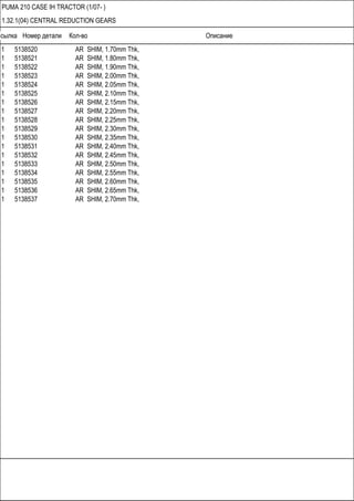 Ссылка Номер детали Кол-во Описание
PUMA 210 CASE IH TRACTOR (1/07- )
1.32.1(04) CENTRAL REDUCTION GEARS
1 5138520 AR SHIM, 1.70mm Thk,
1 5138521 AR SHIM, 1.80mm Thk,
1 5138522 AR SHIM, 1.90mm Thk,
1 5138523 AR SHIM, 2.00mm Thk,
1 5138524 AR SHIM, 2.05mm Thk,
1 5138525 AR SHIM, 2.10mm Thk,
1 5138526 AR SHIM, 2.15mm Thk,
1 5138527 AR SHIM, 2.20mm Thk,
1 5138528 AR SHIM, 2.25mm Thk,
1 5138529 AR SHIM, 2.30mm Thk,
1 5138530 AR SHIM, 2.35mm Thk,
1 5138531 AR SHIM, 2.40mm Thk,
1 5138532 AR SHIM, 2.45mm Thk,
1 5138533 AR SHIM, 2.50mm Thk,
1 5138534 AR SHIM, 2.55mm Thk,
1 5138535 AR SHIM, 2.60mm Thk,
1 5138536 AR SHIM, 2.65mm Thk,
1 5138537 AR SHIM, 2.70mm Thk,
 