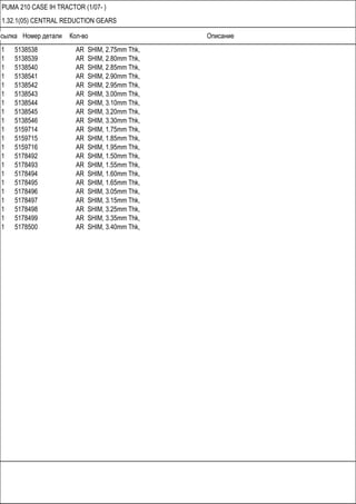 Ссылка Номер детали Кол-во Описание
PUMA 210 CASE IH TRACTOR (1/07- )
1.32.1(05) CENTRAL REDUCTION GEARS
1 5138538 AR SHIM, 2.75mm Thk,
1 5138539 AR SHIM, 2.80mm Thk,
1 5138540 AR SHIM, 2.85mm Thk,
1 5138541 AR SHIM, 2.90mm Thk,
1 5138542 AR SHIM, 2.95mm Thk,
1 5138543 AR SHIM, 3.00mm Thk,
1 5138544 AR SHIM, 3.10mm Thk,
1 5138545 AR SHIM, 3.20mm Thk,
1 5138546 AR SHIM, 3.30mm Thk,
1 5159714 AR SHIM, 1.75mm Thk,
1 5159715 AR SHIM, 1.85mm Thk,
1 5159716 AR SHIM, 1.95mm Thk,
1 5178492 AR SHIM, 1.50mm Thk,
1 5178493 AR SHIM, 1.55mm Thk,
1 5178494 AR SHIM, 1.60mm Thk,
1 5178495 AR SHIM, 1.65mm Thk,
1 5178496 AR SHIM, 3.05mm Thk,
1 5178497 AR SHIM, 3.15mm Thk,
1 5178498 AR SHIM, 3.25mm Thk,
1 5178499 AR SHIM, 3.35mm Thk,
1 5178500 AR SHIM, 3.40mm Thk,
 