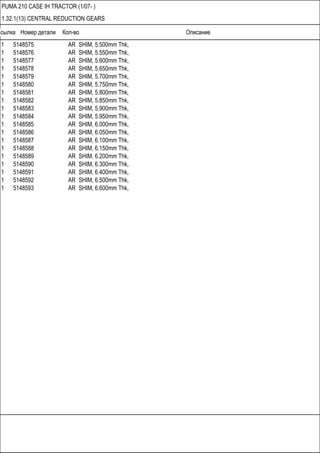 Ссылка Номер детали Кол-во Описание
PUMA 210 CASE IH TRACTOR (1/07- )
1.32.1(13) CENTRAL REDUCTION GEARS
1 5148575 AR SHIM, 5.500mm Thk,
1 5148576 AR SHIM, 5.550mm Thk,
1 5148577 AR SHIM, 5.600mm Thk,
1 5148578 AR SHIM, 5.650mm Thk,
1 5148579 AR SHIM, 5.700mm Thk,
1 5148580 AR SHIM, 5.750mm Thk,
1 5148581 AR SHIM, 5.800mm Thk,
1 5148582 AR SHIM, 5.850mm Thk,
1 5148583 AR SHIM, 5.900mm Thk,
1 5148584 AR SHIM, 5.950mm Thk,
1 5148585 AR SHIM, 6.000mm Thk,
1 5148586 AR SHIM, 6.050mm Thk,
1 5148587 AR SHIM, 6.100mm Thk,
1 5148588 AR SHIM, 6.150mm Thk,
1 5148589 AR SHIM, 6.200mm Thk,
1 5148590 AR SHIM, 6.300mm Thk,
1 5148591 AR SHIM, 6.400mm Thk,
1 5148592 AR SHIM, 6.500mm Thk,
1 5148593 AR SHIM, 6.600mm Thk,
 