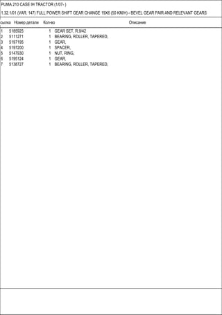 Ссылка Номер детали Кол-во Описание
PUMA 210 CASE IH TRACTOR (1/07- )
1.32.1/01 (VAR. 147) FULL POWER SHIFT GEAR CHANGE 19X6 (50 KM/H) - BEVEL GEAR PAIR AND RELEVANT GEARS
1 5185925 1 GEAR SET, R.9/42
2 5111271 1 BEARING, ROLLER, TAPERED,
3 5197195 1 GEAR,
4 5197200 1 SPACER,
5 5147930 1 NUT, RING,
6 5195124 1 GEAR,
7 5138727 1 BEARING, ROLLER, TAPERED,
 