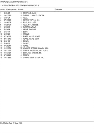 Ссылка Номер детали Кол-во Описание
D5486 After Date 22 June 2006
PUMA 210 CASE IH TRACTOR (1/07- )
1.32.2(01) CENTRAL REDUCTION GEAR CONTROLS
1 5185423 5 COUPLING, Incl. 2
2 14437785 5 O-RING, 11.3MM ID x 2.4 Thk,
3 5185424 5 PLUG,
4 87315898 1 COVER, TOP, Incl. 5, 6
5 14326004 4 PLUG, M10 x 1.25
6 14328401 1 PLUG, M14, Tapered,
7 5195038 9 ELECTRO-VALVE,
8 5187494 1 VALVE, BY-PASS,
9 5183477 1 BODY,
10 5176720 1 SPRING,
11 47126239 1 PLATE, Incl. 12, -C5486
11 87547940 1 PLATE, Incl. 12, D5486-
12 5153109 1 DOWEL,
13 5194959 1 GASKET,
14 47126217 2 PLATE,
15 11197779 10 WASHER, SPRING, Belleville, M6.4,
16 14433121 10 SCREW, Hex Soc Hd, M6 x 18, 8.8,
17 11343721 4 BOLT, Hex, M10 x 65, 8.8,
18 47126246 4 SCREW,
19 14437685 4 O-RING, 9.3MM ID x 2.4 Thk,
 
