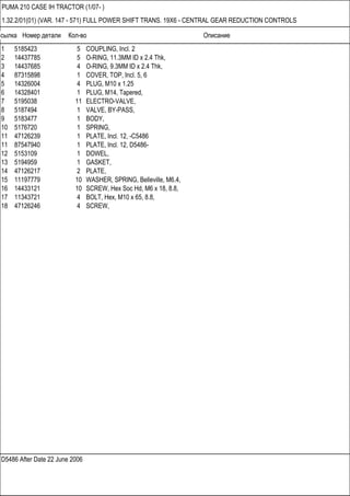 Ссылка Номер детали Кол-во Описание
D5486 After Date 22 June 2006
PUMA 210 CASE IH TRACTOR (1/07- )
1.32.2/01(01) (VAR. 147 - 571) FULL POWER SHIFT TRANS. 19X6 - CENTRAL GEAR REDUCTION CONTROLS
1 5185423 5 COUPLING, Incl. 2
2 14437785 5 O-RING, 11.3MM ID x 2.4 Thk,
3 14437685 4 O-RING, 9.3MM ID x 2.4 Thk,
4 87315898 1 COVER, TOP, Incl. 5, 6
5 14326004 4 PLUG, M10 x 1.25
6 14328401 1 PLUG, M14, Tapered,
7 5195038 11 ELECTRO-VALVE,
8 5187494 1 VALVE, BY-PASS,
9 5183477 1 BODY,
10 5176720 1 SPRING,
11 47126239 1 PLATE, Incl. 12, -C5486
11 87547940 1 PLATE, Incl. 12, D5486-
12 5153109 1 DOWEL,
13 5194959 1 GASKET,
14 47126217 2 PLATE,
15 11197779 10 WASHER, SPRING, Belleville, M6.4,
16 14433121 10 SCREW, Hex Soc Hd, M6 x 18, 8.8,
17 11343721 4 BOLT, Hex, M10 x 65, 8.8,
18 47126246 4 SCREW,
 