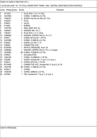 Ссылка Номер детали Кол-во Описание
Valid For 4WD Models
PUMA 210 CASE IH TRACTOR (1/07- )
1.32.2/01(02) (VAR. 147 - 571) FULL POWER SHIFT TRANS. 19X6 - CENTRAL GEAR REDUCTION CONTROLS
1 10119311 1 PLUG, M16 x 1.5 x 12, Cl5.8,
2 14437885 1 O-RING, 13.3MM ID x 2.4 Thk,
3 14306331 8 SCREW, Hex Soc Hd, M8 x 20, 10.9,
4 14324011 1 PLUG,
5 5198572 1 VALVE,
6 5114402 1 SPRING,
7 11057476 1 RING, SNAP, M16, Int,
8 12644401 2 WASHER, M6 x 15 x 1,
9 11903011 6 PLUG, M10 x 1 x 11, Cl5.8,
10 10260960 6 WASHER, COPPER, M10.2 x 14 x 1.5,
11 5185511 1 O-RING, M12.42 ID x 1.78 Thk
12 14437985 1 O-RING, 15.3MM ID x 2.4 Thk,
13 5185052 1 ELBOW, Incl. Ref. 11,13
14 5186462 1 CONNECTOR, HYD.,
15 87395493 1 SWITCH, PRESSURE, Trans. Oil
16 10298460 1 WASHER, COPPER, M12.2 x 18 x 1.5, Copper,
17 14438085 AR O-RING, 19.3MM ID x 2.4 Thk,
18 5195043 1 ACCUMULATOR,
19 14453180 1 O-RING, 12.42MM ID x 1.78 Thk,
20 5192286 1 ELBOW, Includes Ref. 17 (q.ty 1), 21 (q.ty 1)
21 5185512 5 O-RING, M15.6 ID x 1.78 Thk
22 87316458 1 CONNECTOR, HYD., Includes Ref. 21 (q.ty 2), 24, 25
23 14437785 AR O-RING, 11.3MM ID x 2.4 Thk,
24 5185513 1 O-RING,
25 14438185 1 O-RING, 24MM ID x 3.0 Thk,
26 5187064 1 TEE, Includes Ref. 17 (q.ty 1), 21 (q.ty 1)
 