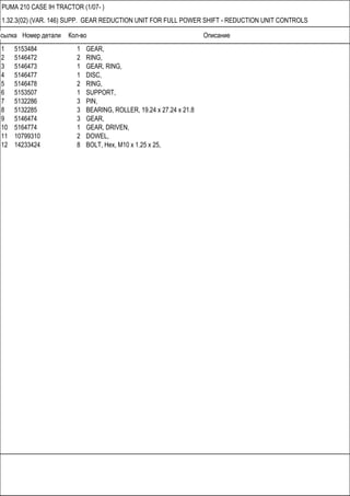 Ссылка Номер детали Кол-во Описание
PUMA 210 CASE IH TRACTOR (1/07- )
1.32.3(02) (VAR. 146) SUPP. GEAR REDUCTION UNIT FOR FULL POWER SHIFT - REDUCTION UNIT CONTROLS
1 5153484 1 GEAR,
2 5146472 2 RING,
3 5146473 1 GEAR, RING,
4 5146477 1 DISC,
5 5146478 2 RING,
6 5153507 1 SUPPORT,
7 5132286 3 PIN,
8 5132285 3 BEARING, ROLLER, 19.24 x 27.24 x 21.8
9 5146474 3 GEAR,
10 5164774 1 GEAR, DRIVEN,
11 10799310 2 DOWEL,
12 14233424 8 BOLT, Hex, M10 x 1.25 x 25,
 