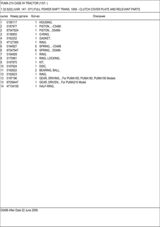 Ссылка Номер детали Кол-во Описание
D5486 After Date 22 June 2006
PUMA 210 CASE IH TRACTOR (1/07- )
1.32.5(02) (VAR. 147 - 571) FULL POWER SHIFT TRANS. 19X6 - CLUTCH COVER PLATE AND RELEVANT PARTS
1 5195117 1 HOUSING,
2 5187977 1 PISTON, , -C5486
2 87547824 1 PISTON, , D5486-
3 5138955 1 O-RING,
4 5162252 1 GASKET,
5 47127360 1 RING,
6 5164927 6 SPRING, , -C5486
6 87547947 6 SPRING, , D5486-
7 5164928 1 RING,
8 5175981 1 RING, LOCKING,
9 5167875 1 KIT,
10 5167824 1 DISC,
11 5162622 2 BEARING, BALL,
12 5162623 1 RING,
13 5197196 1 GEAR, DRIVING, , For PUMA165, PUMA180, PUMA195 Models
13 87558447 1 GEAR, DRIVEN, , For PUMA210 Model
14 47134108 1 HALF-RING,
 