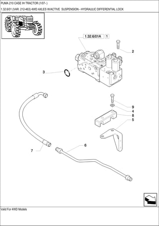 Valid For 4WD Models
PUMA 210 CASE IH TRACTOR (1/07- )
1.32.6/01 (VAR. 212-463) 4WD AXLES W/ACTIVE SUSPENSION - HYDRAULIC DIFFERENTIAL LOCK
 