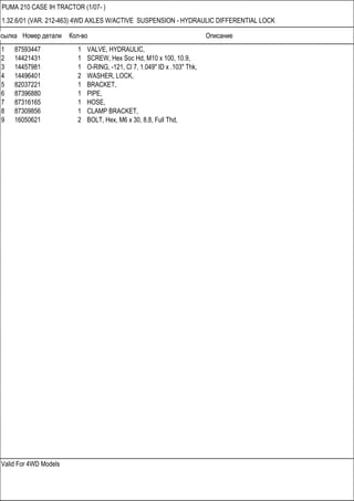 Ссылка Номер детали Кол-во Описание
Valid For 4WD Models
PUMA 210 CASE IH TRACTOR (1/07- )
1.32.6/01 (VAR. 212-463) 4WD AXLES W/ACTIVE SUSPENSION - HYDRAULIC DIFFERENTIAL LOCK
1 87593447 1 VALVE, HYDRAULIC,
2 14421431 1 SCREW, Hex Soc Hd, M10 x 100, 10.9,
3 14457981 1 O-RING, -121, Cl 7, 1.049" ID x .103" Thk,
4 14496401 2 WASHER, LOCK,
5 82037221 1 BRACKET,
6 87396880 1 PIPE,
7 87316165 1 HOSE,
8 87309856 1 CLAMP BRACKET,
9 16050621 2 BOLT, Hex, M6 x 30, 8.8, Full Thd,
 