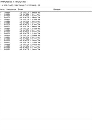 Ссылка Номер детали Кол-во Описание
PUMA 210 CASE IH TRACTOR (1/07- )
1.32.8(02) PUMPS FOR HYDRAULIC SYSTEM AND LIFT
1 5169854 AR SPACER, 11.800mm Thk,
1 5169855 AR SPACER, 11.825mm Thk,
1 5169856 AR SPACER, 11.850mm Thk,
1 5169857 AR SPACER, 11.875mm Thk,
1 5169858 AR SPACER, 11.900mm Thk,
1 5169859 AR SPACER, 11.925mm Thk,
1 5169860 AR SPACER, 11.950mm Thk,
1 5169861 AR SPACER, 11.975mm Thk,
1 5169862 AR SPACER, 12.000mm Thk,
1 5169863 AR SPACER, 12.025mm Thk,
1 5169864 AR SPACER, 12.050mm Thk,
1 5169865 AR SPACER, 12.075mm Thk,
1 5169866 AR SPACER, 12.100mm Thk,
1 5169867 AR SPACER, 12.125mm Thk,
1 5169868 AR SPACER, 12.150mm Thk,
1 5169869 AR SPACER, 12.175mm Thk,
1 5169870 AR SPACER, 12.200mm Thk,
 