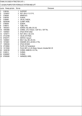 Ссылка Номер детали Кол-во Описание
PUMA 210 CASE IH TRACTOR (1/07- )
1.32.8(04) PUMPS FOR HYDRAULIC SYSTEM AND LIFT
1 5198194 1 SUPPORT,
2 12164021 2 NUT, M14 x 1.5, Cl 10,
3 5196548 1 MANIFOLD,
4 5198708 1 ELBOW,
5 5198995 1 VALVE, CHECK,
6 82039346 2 CLAMP, HOSE,
7 5196509 1 ELBOW,
8 5196510 1 TUBE, HYD,
9 16043421 2 SCREW, Hex, M8 x 20, 8.8,
10 14463680 2 O-RING, -218, 70 Duro, 1.234" ID x .139" Thk,
11 13449421 3 STUD, M10X1,5X22
12 12164711 3 NUT, M10 x 1.25, Cl 8,
13 47123798 1 VALVE, BY-PASS,
14 87303771 1 SWITCH, Vacuum
15 14306921 4 BOLT, Hex, M8 x 50, 8.8,
16 10730821 2 WASHER, M14 x 26 OD x 3 Thk,
17 13555334 2 STUD, M14X28
18 47129062 1 PLATE, Oil Temperature
19 10119040 1 PLUG, M27 x 2 x 20, Brass, Vacuum, Includes Ref. 20
20 14438185 2 O-RING, 24MM ID x 3.0 Thk,
21 5185513 1 O-RING,
22 81826567 1 O-RING,
23 87365290 1 HARNESS, WIRE,
 