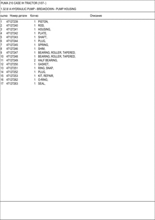Ссылка Номер детали Кол-во Описание
PUMA 210 CASE IH TRACTOR (1/07- )
1.32.8/ A HYDRAULIC PUMP - BREAKDOWN - PUMP HOUSING
1 47127239 1 PISTON,
2 47127240 1 ROD,
3 47127241 1 HOUSING,
4 47127242 1 PLATE,
5 47127243 1 SHAFT,
6 47127244 1 PLUG,
7 47127245 1 SPRING,
8 47127246 1 SHIM,
9 47127247 1 BEARING, ROLLER, TAPERED,
10 47127248 1 BEARING, ROLLER, TAPERED,
11 47127249 2 HALF BEARING,
12 47127250 1 GASKET,
13 47127251 1 RING, SNAP,
14 47127252 1 PLUG,
15 47127253 1 KIT, REPAIR,
16 47127262 1 O-RING,
17 47127263 1 SEAL,
 