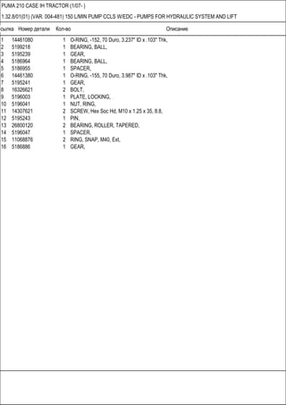 Ссылка Номер детали Кол-во Описание
PUMA 210 CASE IH TRACTOR (1/07- )
1.32.8/01(01) (VAR. 004-481) 150 L/MIN PUMP CCLS W/EDC - PUMPS FOR HYDRAULIC SYSTEM AND LIFT
1 14461080 1 O-RING, -152, 70 Duro, 3.237" ID x .103" Thk,
2 5199218 1 BEARING, BALL,
3 5195239 1 GEAR,
4 5186964 1 BEARING, BALL,
5 5186955 1 SPACER,
6 14461380 1 O-RING, -155, 70 Duro, 3.987" ID x .103" Thk,
7 5195241 1 GEAR,
8 16326621 2 BOLT,
9 5196003 1 PLATE, LOCKING,
10 5196041 1 NUT, RING,
11 14307621 2 SCREW, Hex Soc Hd, M10 x 1.25 x 35, 8.8,
12 5195243 1 PIN,
13 26800120 2 BEARING, ROLLER, TAPERED,
14 5196047 1 SPACER,
15 11068876 2 RING, SNAP, M40, Ext,
16 5186886 1 GEAR,
 