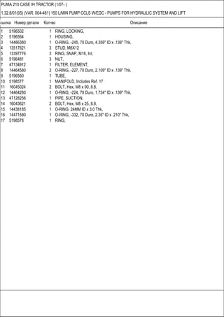 Ссылка Номер детали Кол-во Описание
PUMA 210 CASE IH TRACTOR (1/07- )
1.32.8/01(05) (VAR. 004-481) 150 L/MIN PUMP CCLS W/EDC - PUMPS FOR HYDRAULIC SYSTEM AND LIFT
1 5196502 1 RING, LOCKING,
2 5196564 1 HOUSING,
3 14466380 1 O-RING, -245, 70 Duro, 4.359" ID x .139" Thk,
4 13517621 3 STUD, M8X12
5 13397776 3 RING, SNAP, M16, Int,
6 5196481 3 NUT,
7 47134912 1 FILTER, ELEMENT,
8 14464580 2 O-RING, -227, 70 Duro, 2.109" ID x .139" Thk,
9 5196560 1 TUBE,
10 5198577 1 MANIFOLD, Includes Ref. 17
11 16045024 2 BOLT, Hex, M8 x 90, 8.8,
12 14464280 1 O-RING, -224, 70 Duro, 1.734" ID x .139" Thk,
13 47128256 1 PIPE, SUCTION,
14 16043621 2 BOLT, Hex, M8 x 25, 8.8,
15 14438185 1 O-RING, 24MM ID x 3.0 Thk,
16 14471580 1 O-RING, -332, 70 Duro, 2.35" ID x .210" Thk,
17 5198578 1 RING,
 