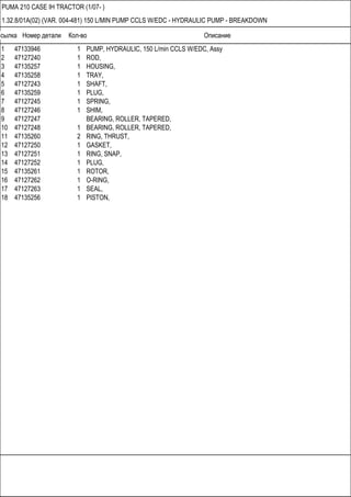 Ссылка Номер детали Кол-во Описание
PUMA 210 CASE IH TRACTOR (1/07- )
1.32.8/01A(02) (VAR. 004-481) 150 L/MIN PUMP CCLS W/EDC - HYDRAULIC PUMP - BREAKDOWN
1 47133946 1 PUMP, HYDRAULIC, 150 L/min CCLS W/EDC, Assy
2 47127240 1 ROD,
3 47135257 1 HOUSING,
4 47135258 1 TRAY,
5 47127243 1 SHAFT,
6 47135259 1 PLUG,
7 47127245 1 SPRING,
8 47127246 1 SHIM,
9 47127247 BEARING, ROLLER, TAPERED,
10 47127248 1 BEARING, ROLLER, TAPERED,
11 47135260 2 RING, THRUST,
12 47127250 1 GASKET,
13 47127251 1 RING, SNAP,
14 47127252 1 PLUG,
15 47135261 1 ROTOR,
16 47127262 1 O-RING,
17 47127263 1 SEAL,
18 47135256 1 PISTON,
 