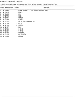 Ссылка Номер детали Кол-во Описание
PUMA 210 CASE IH TRACTOR (1/07- )
1.32.8/01A(03) (VAR. 004-481) 150 L/MIN PUMP CCLS W/EDC - HYDRAULIC PUMP - BREAKDOWN
1 47133946 1 PUMP, HYDRAULIC, 150 L/min CCLS W/EDC, Assy
2 47135255 1 PLATE,
3 47135265 1 KIT,
4 47127270 1 HUB,
5 47127271 1 FILTER,
6 47127262 1 O-RING,
7 47127274 1 VALVE, PRESSURE RELIEF,
8 47127275 2 PLUG,
9 47127276 4 SCREW,
10 47127277 1 PIN,
11 47127280 1 O-RING,
12 47135264 1 O-RING,
13 47135262 1 HOUSING,
14 47127272 1 KIT, REPAIR,
15 47135263 1 COVER,
 