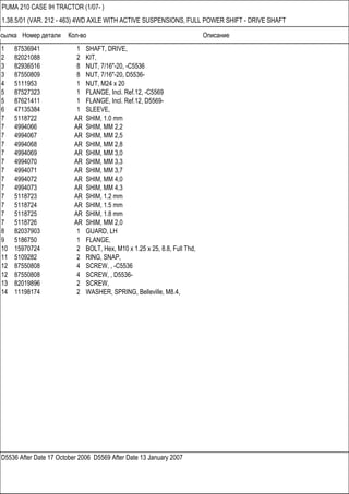 Ссылка Номер детали Кол-во Описание
D5536 After Date 17 October 2006 D5569 After Date 13 January 2007
PUMA 210 CASE IH TRACTOR (1/07- )
1.38.5/01 (VAR. 212 - 463) 4WD AXLE WITH ACTIVE SUSPENSIONS, FULL POWER SHIFT - DRIVE SHAFT
1 87536941 1 SHAFT, DRIVE,
2 82021088 2 KIT,
3 82936516 8 NUT, 7/16"-20, -C5536
3 87550809 8 NUT, 7/16"-20, D5536-
4 5111953 1 NUT, M24 x 20
5 87527323 1 FLANGE, Incl. Ref.12, -C5569
5 87621411 1 FLANGE, Incl. Ref.12, D5569-
6 47135384 1 SLEEVE,
7 5118722 AR SHIM, 1.0 mm
7 4994066 AR SHIM, MM 2,2
7 4994067 AR SHIM, MM 2,5
7 4994068 AR SHIM, MM 2,8
7 4994069 AR SHIM, MM 3,0
7 4994070 AR SHIM, MM 3,3
7 4994071 AR SHIM, MM 3,7
7 4994072 AR SHIM, MM 4,0
7 4994073 AR SHIM, MM 4,3
7 5118723 AR SHIM, 1.2 mm
7 5118724 AR SHIM, 1.5 mm
7 5118725 AR SHIM, 1.8 mm
7 5118726 AR SHIM, MM 2,0
8 82037903 1 GUARD, LH
9 5186750 1 FLANGE,
10 15970724 2 BOLT, Hex, M10 x 1.25 x 25, 8.8, Full Thd,
11 5109282 2 RING, SNAP,
12 87550808 4 SCREW, , -C5536
12 87550808 4 SCREW, , D5536-
13 82019896 2 SCREW,
14 11198174 2 WASHER, SPRING, Belleville, M8.4,
 